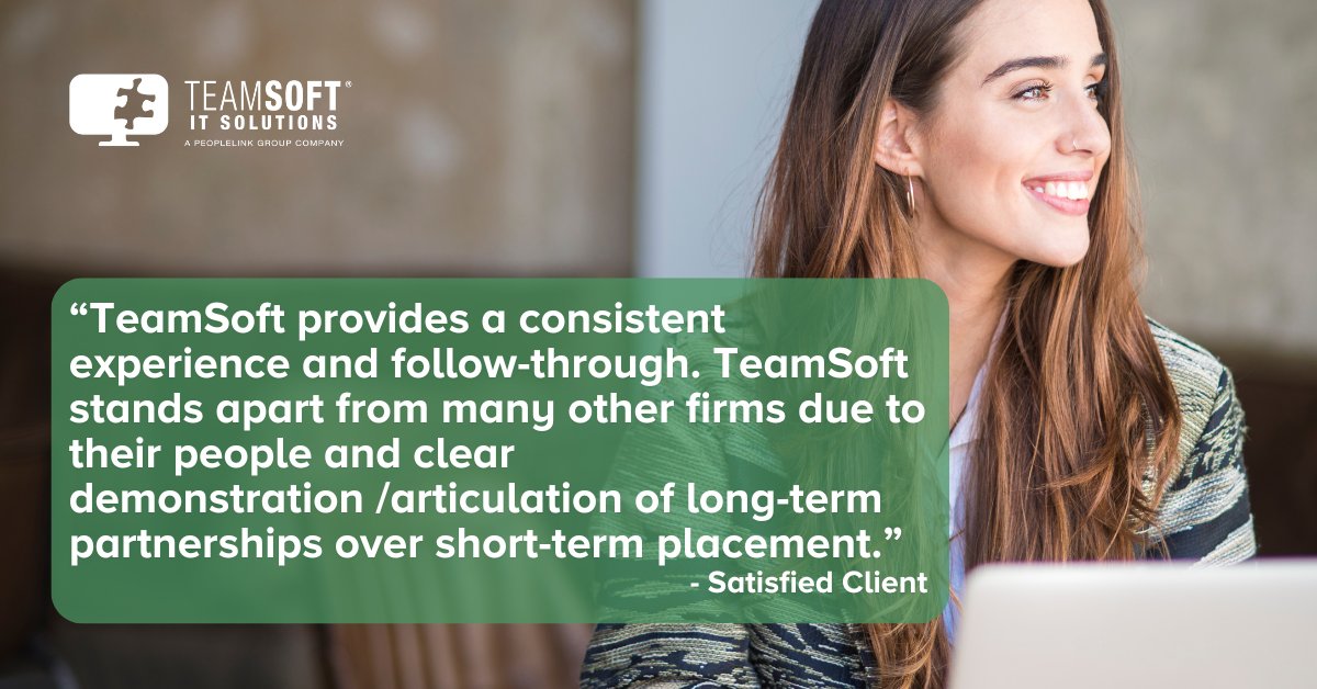 At TeamSoft, we are anything but a transactional staffing firm. Building strong relationships that turn into lasting partnerships where quality always tops quantity is the foundation of our business.

#TeamSoft #SatisfiedClient #StaffingPartner #ClientExperience