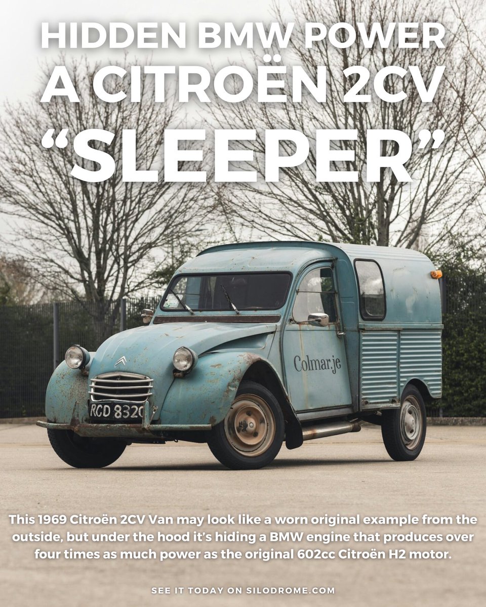 This 1969 Citroën 2CV Van may look like a worn original example from the outside, but under the hood it’s hiding a BMW engine that produces over four times as much power as the original 602cc Citroën H2 motor. Link: silodrome.com/citroen-2cv-va…