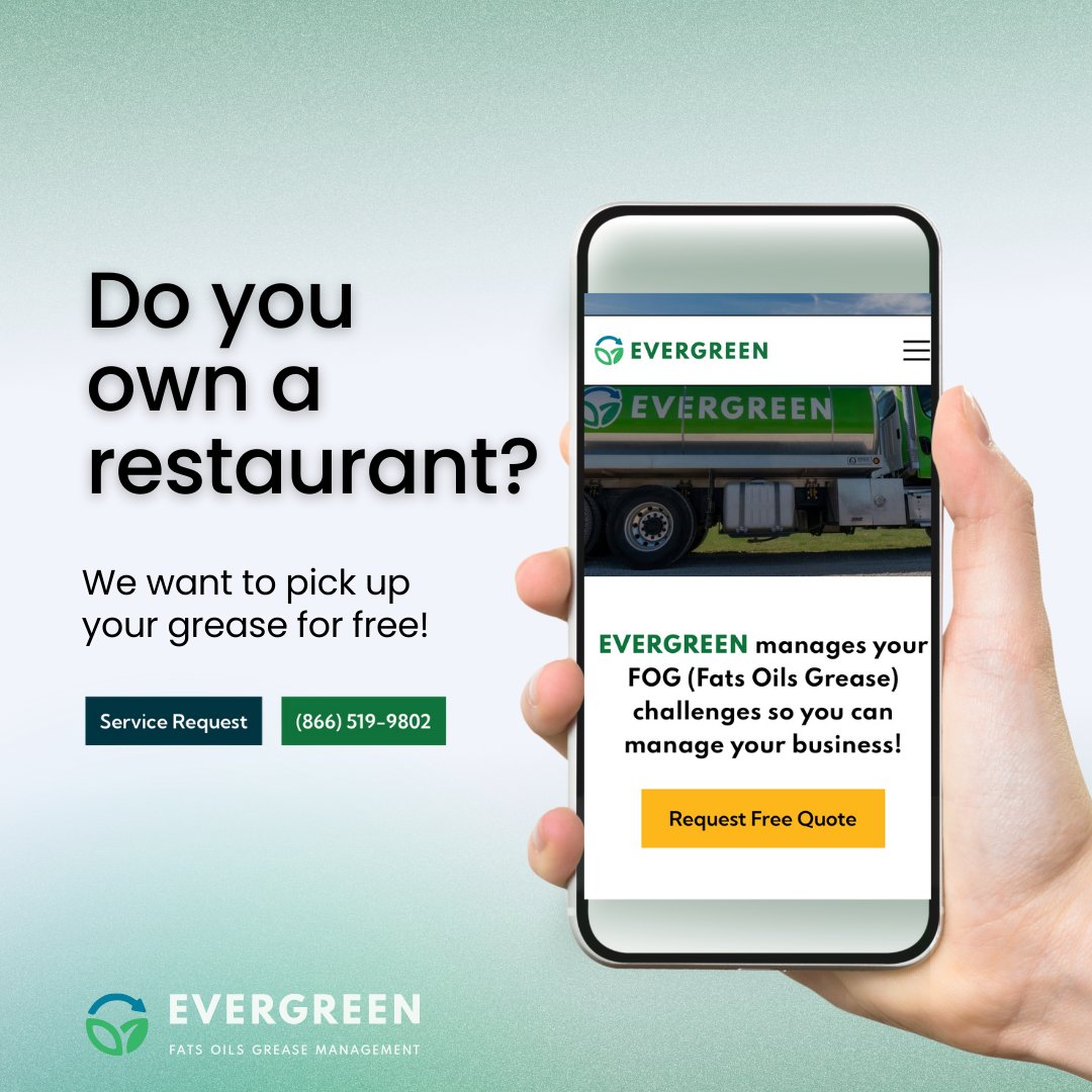 EvergreenGrease's tweet photo. Are you a restaurant owner tired of the FOG fight? Fats, oils, and grease disposal is now worry-free with EVERGREEN’s FREE pickup service. Our efficient FOG management system not only clears out the clutter but also contributes to a cleaner environment. https://t.co/cEudwbgSee https://t.co/OPFPML8rOJ
