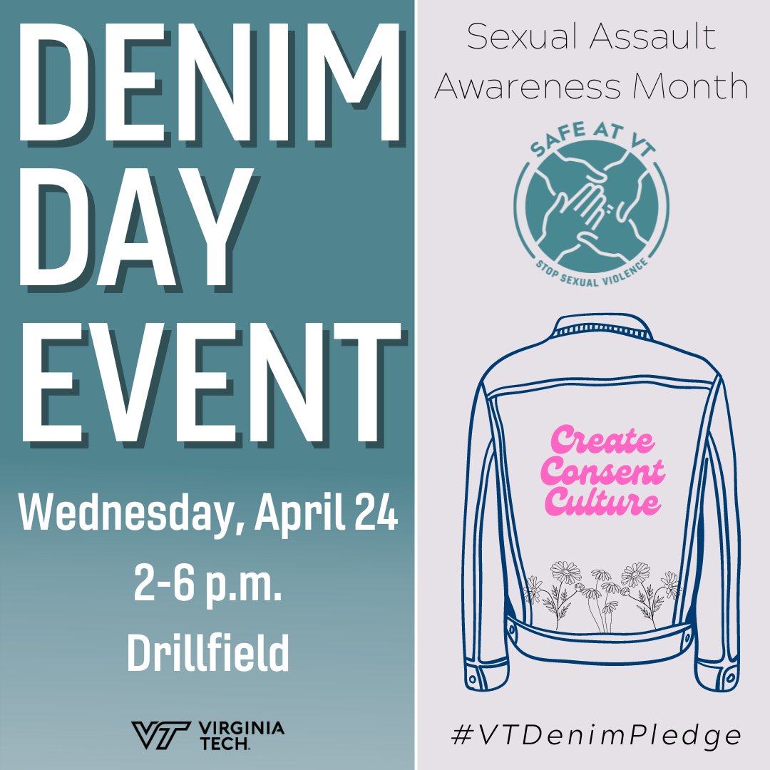 👖 Wear denim for a purpose and stop by our Denim Day tabling event! #SafeAtVT ▪️ April 24 ▪️ 2-6 pm ▪️ Drillfield Learn about resources available to you, participate in educational activities, & giveaways. Take the #VTDenimPledge & hold conversations around consent culture.