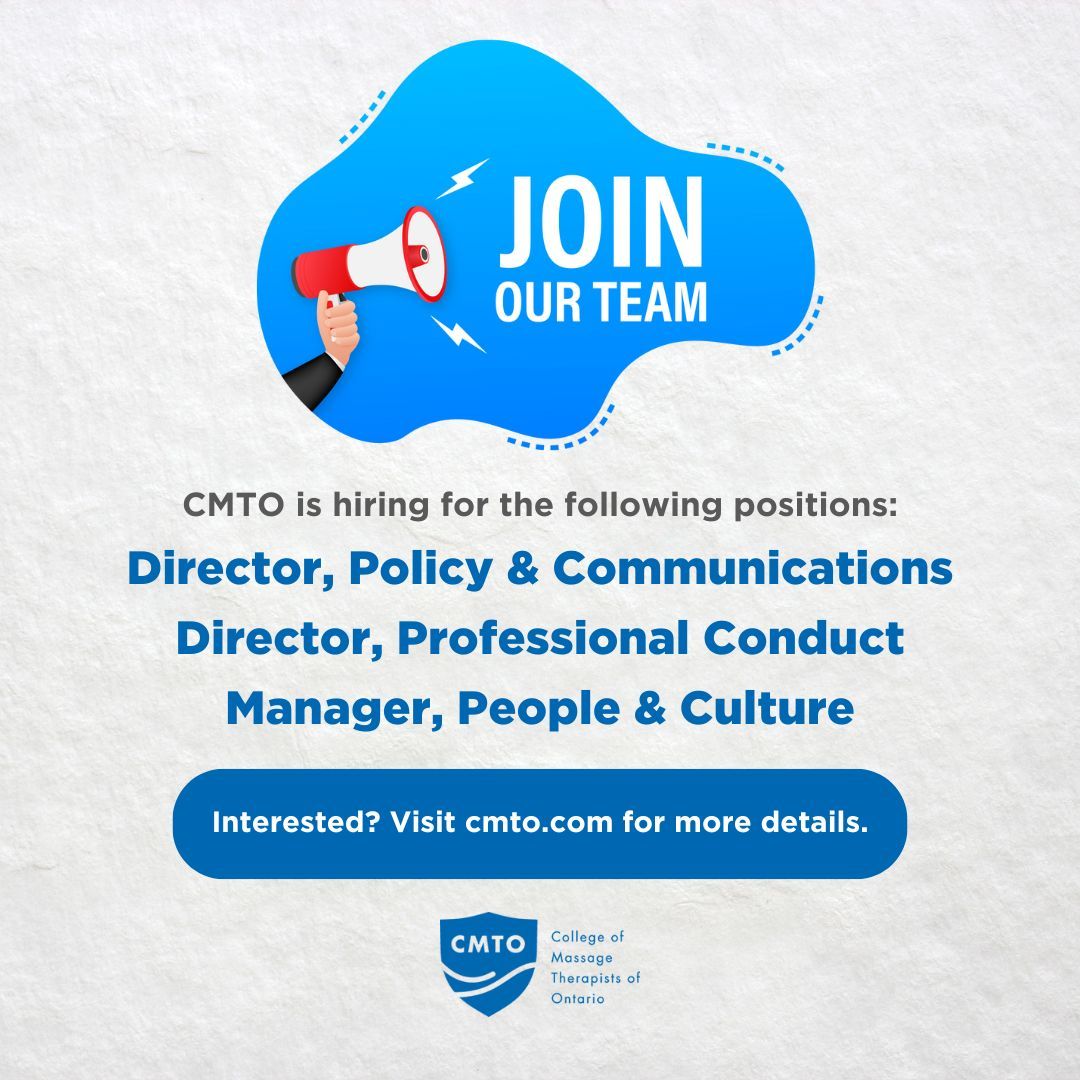 Are you an experienced leader in regulation? Join CMTO in a senior management role and make a difference in Massage Therapy regulation in Ontario. Visit our website to learn more about the opportunities and apply: bit.ly/3U1emRF

#TorontoJobs #RegulatoryJobs