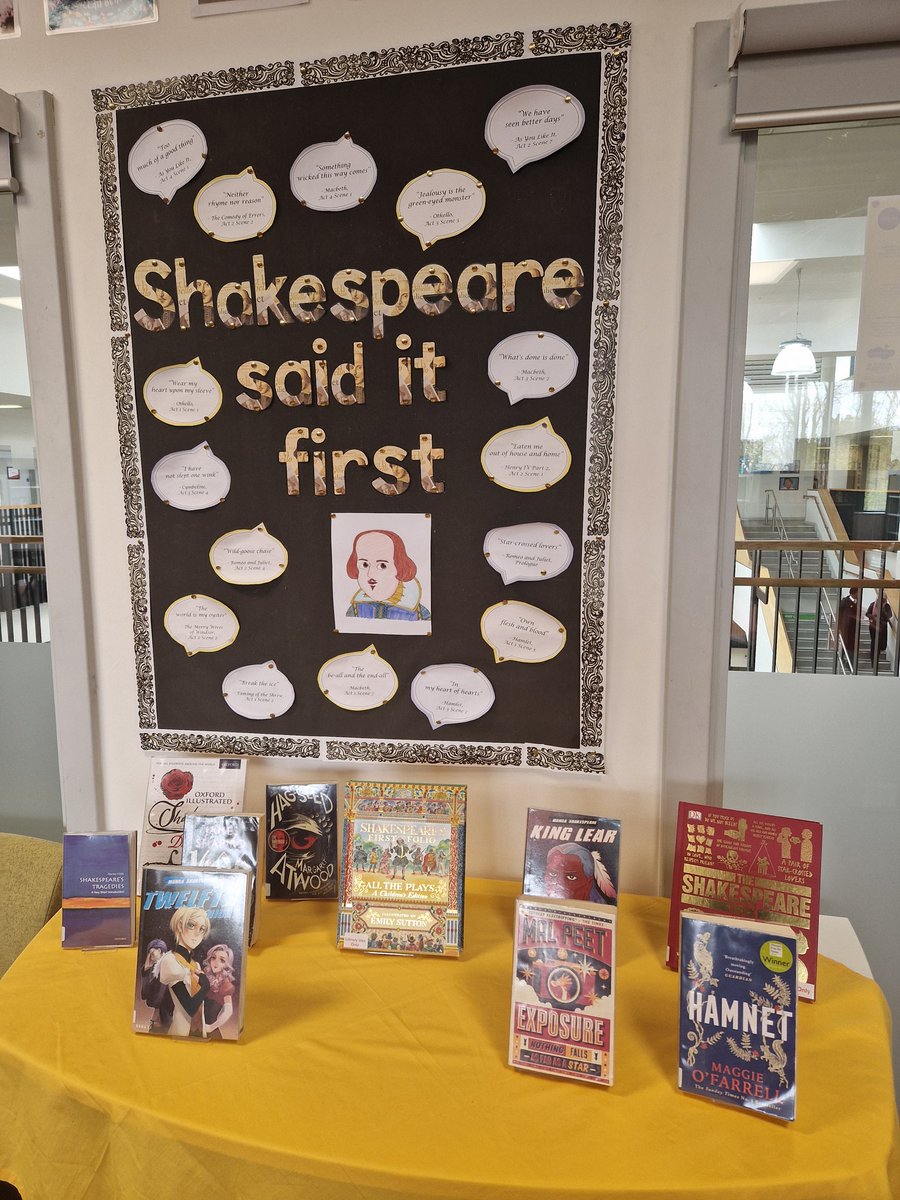 Thank you so much to @ShakespeareBT @WalkerBooksUK and @Petersbooks for this stunning copy of Shakespeare's First Folio which is now centre stage in the library's Shakespeare display in honour of the Bard's birthday this month. #gratitude #schoollibrarydisplays