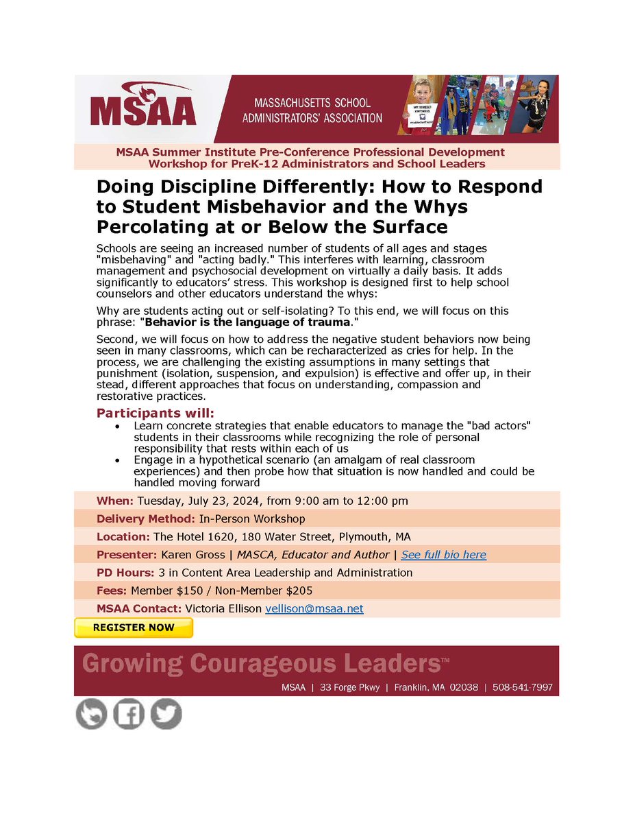 MSAA Summer Institute Pre-Conference registration is now open! Karen Gross, MASCA, Educator and Author, will be presenting on Doing Discipline Differently, July 23rd. Register Now! tinyurl.com/yaw2edyz @PrincipalJQuinn @SDubzinski @YGB70 @MonetteStacy @MASchoolsK12