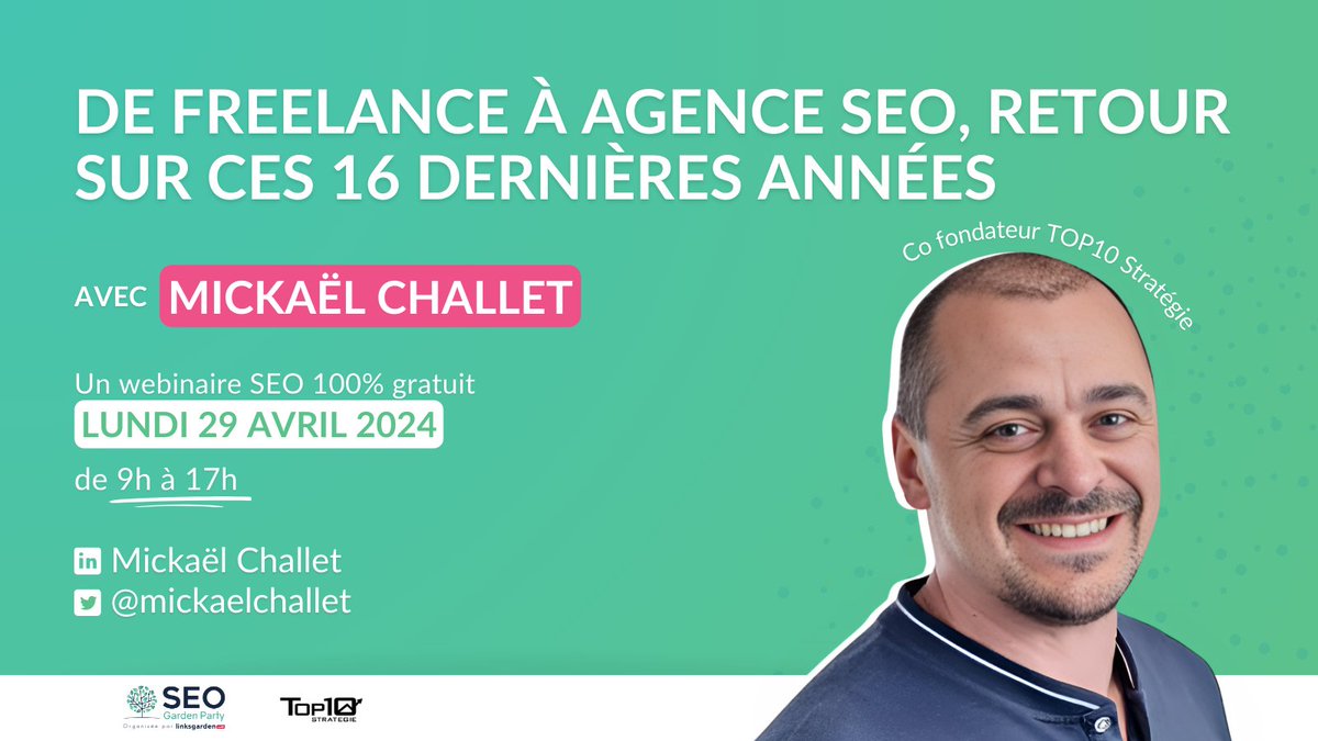 Les étapes pour passer de freelance à agence SEO 💪

Consultant SEO depuis 2004 et co-fondateur de l'agence TOP10 stratégie, <a href="/mickaelchallet/">Mickael Challet</a> apportera son expertise lors de sa conférence “De freelance à agence SEO, retour sur ces 16 dernières années”

Le fondateur de <a href="/kalicontent/">Kalicontent.com</a>