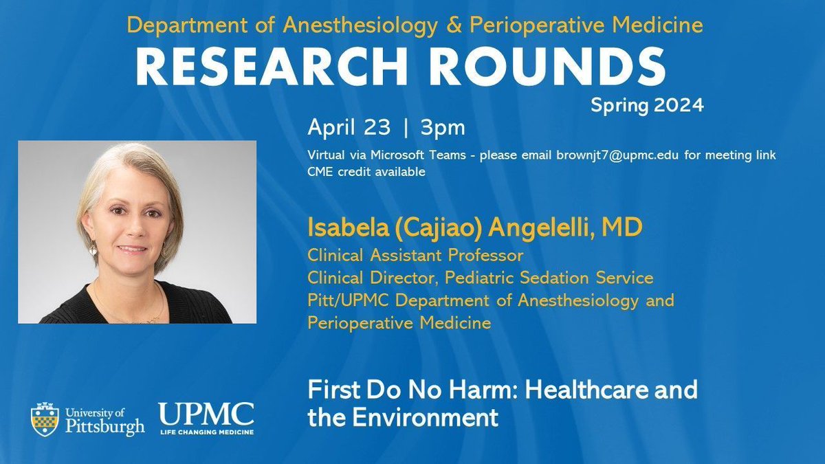 🔬 Research Rounds on April 23 at 3:00pm: Dr. Isabela Angelelli will present 'First Do No Harm: Healthcare and the Environment.' UPDATE: This event is now virtual only. 📅 Event details: buff.ly/3Nts919