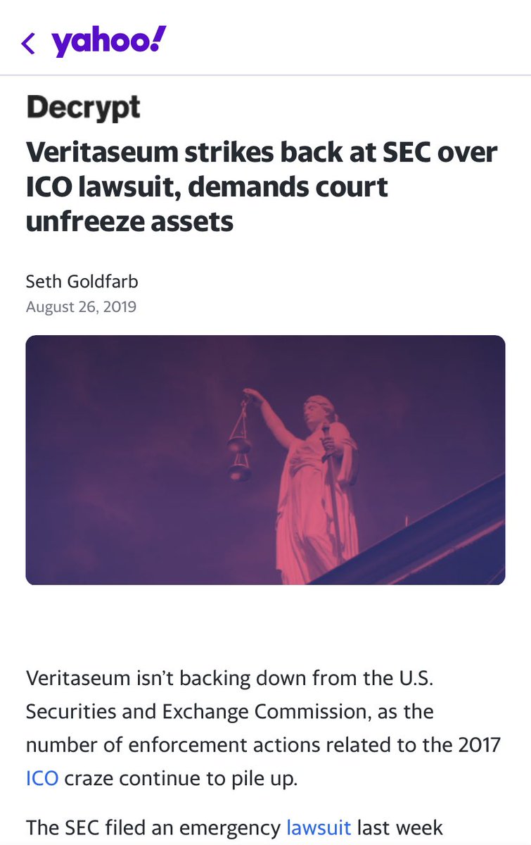 @Ripple @coinbase 12/ Similar to the SEC vs Debt Box, the SEC used contradictory info to issue a TRO to freeze all of assets. Veritaseum issued a strong reply to the TRO addressing each claim in an attempt to avoid the destruction of global business. YAHOO ARTICLE finance.yahoo.com/news/veritaseu…