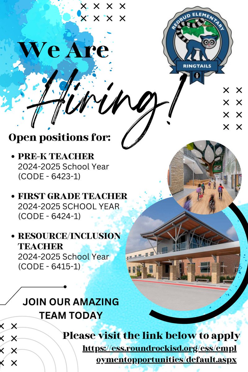 We are searching for some new Ringtails! Apply now to be a part of our Redbud Family. #RBEWeAreFamily
ess.roundrockisd.org/ess/employment…