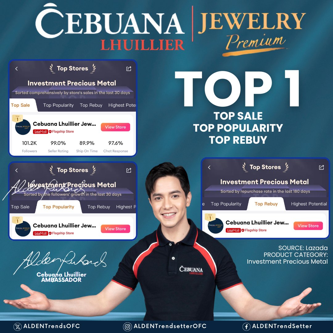 📌 ALDEN RICHARDS BRANDS: CEBUANA LHUILLIER Cebuana Lhuillier Jewelry is the TOP ONE Investment Precious Metal Lazada store in SALES, POPULARITY and REBUY! 😏 Congratulations, Cebuana Lhuillier & Ka-Cebuana ALDEN! 🙌🏻 Check out their Lazada store here -- s.lazada.com.ph/s.9Glrj…