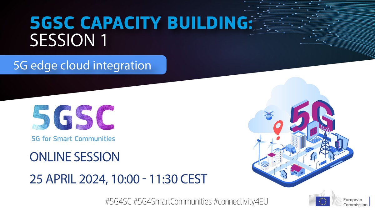 connectivityEU's tweet photo. ➡️The first #5GSC Capacity Building Session of the year is approaching!

Join us and learn more about📶 #5G Edge Cloud Integration.

🗓️ 25 April, 10 – 11:30am

Registration:
☑️Create/log-in your account on https://t.co/PsFgUvZjOd
☑️Click on "Agenda". https://t.co/xN5W5iKEXu