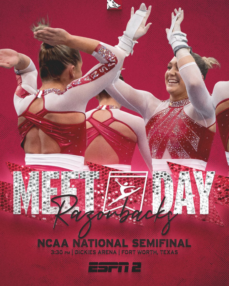 Natty Meet Day has finally arrived 🤗 🆚 No. 2 LSU, No. 3 Cal, Stanford 📍 Dickies Arena | Fort Worth, Texas 🕒 3:30 p.m. CT 📺 ESPN2 💻📊📝 linktr.ee/RazorbackGym