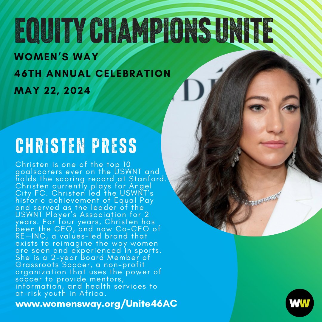 2x World Cup Champion for the U.S. Women’s National Soccer team, an equal pay trailblazer, and the Co-Founder and Co-CEO of RE—INC, get to know more about one of our 2024 Lucretia Mott Honorees, Christen Press: womensway.org/Unite46AC #EquityChampionsUnite