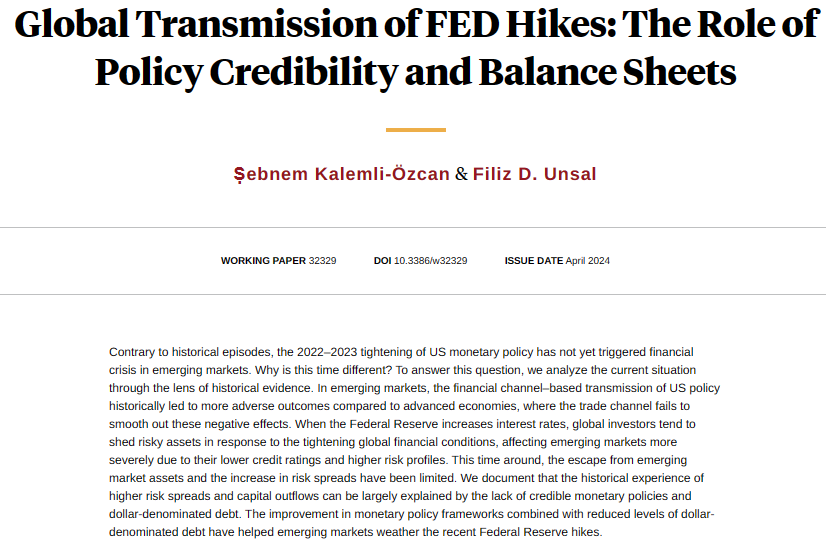 Emerging markets’ resilience to recent Federal Reserve hikes is of these markets’ own making, via better policies and low dollar-denominated debt, from @skalemliozcan and @dfilizunsal nber.org/papers/w32329