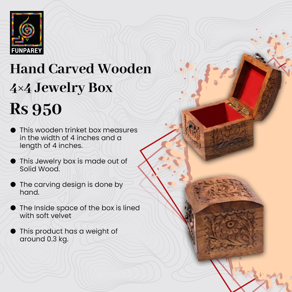 Discover Elegance: Hand Carved Wooden 4×4 Jewelry Box 
- Dimensions: Width - 4 inches, Length - 4 inches
- Material: Solid Wood
- Handcrafted: Intricately carved design

Visit funparey.com/.../hand-carve… to order
#HandCarved #WoodenJewelryBox #HomeDecor #ArtisanCrafts #LuxuryLiving