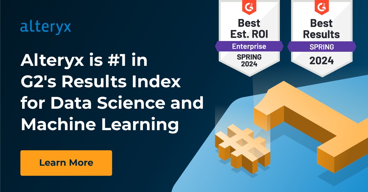 The @G2dotcom Spring 2024 Data Science and Machine Learning Platforms Results Index is here! Alteryx earned top spot with the top platform.

Explore the factors behind our win and your success:
👉 ow.ly/hzjH50RgFZK

#DataScience #MachineLearning