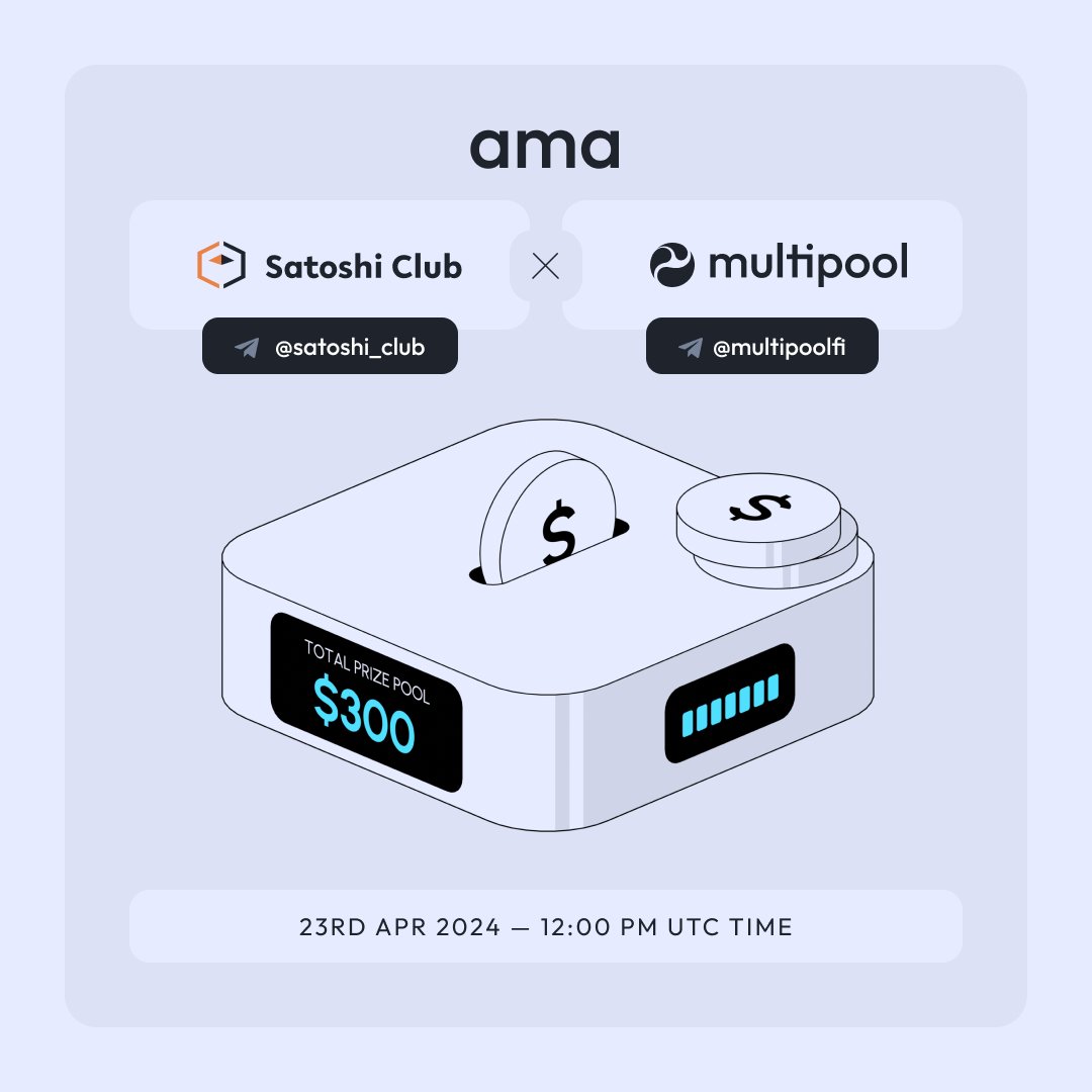 💧Win $300 on the Multipool x Satoshi AMA! Keen to learn more about Multipool with $300 up for grabs? Join the AMA, get all your burning questions answered, and stay up to date on everything going on. Entry Requirements: ✅ Follow @multipoolfi. ✅ Follow @esatoshiclub. ✅ Join