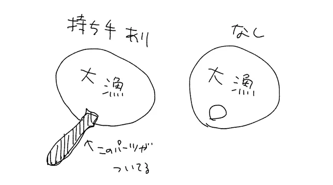 参考資料
持ち手あり(左) なし(右)

持ち手ありのはよくある骨のやつか、持ち手だけプラパーツがついてるやつか、お値段とご相談 零細サークルなんで 