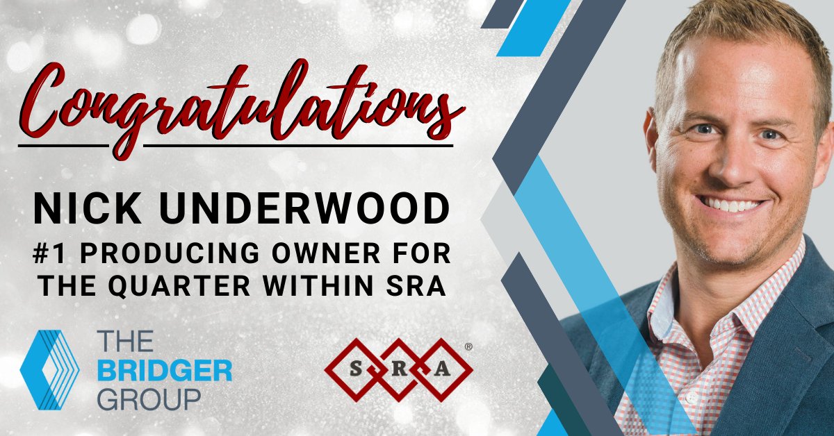 Congratulations to Nick Underwood with The Bridger Group on being the #1 producing owner of the quarter out of our entire Network of Offices! #SRA #TheBridgerGroup #joinsra #sanfordrose ow.ly/Ap2i50RivrH