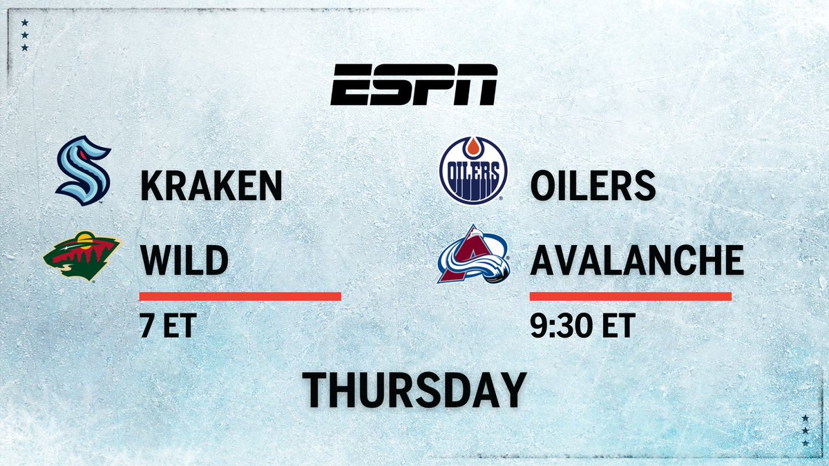 Thursday, the 2023-2024 #NHL regular season concludes with an ESPN doubleheader 🏒 7p ET | #SeaKraken at #mnwild 🎙️ @espnbob, @KevinWeekes, @leahhextall 🏒 9:30p ET | #LetsGoOilers at #GoAvsGo 🎙️ @espnSteveLevy, @rayferraro21, @emilymkaplan