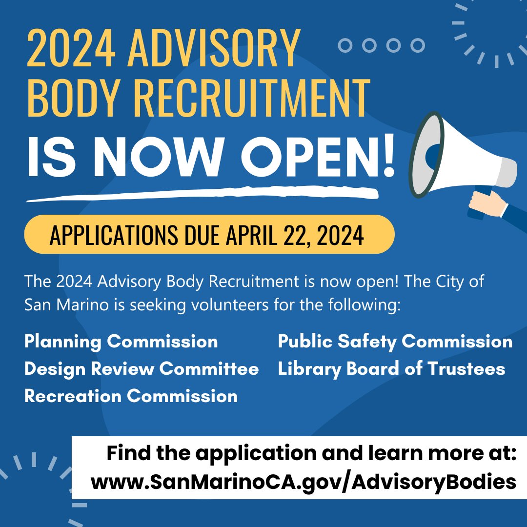 🌟 Don't forget! Applications for the 2024 Advisory Body Recruitment in San Marino are due THIS Monday, April 22, 2024, 12:00 PM! Join us in shaping the future of your community. Apply now at SanMarinoCA.gov/AdvisoryBodies. #CommunityInvolvement #SanMarino 🌟