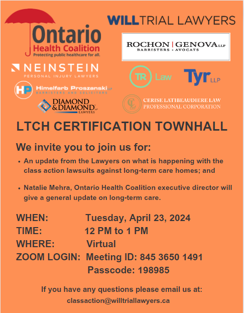 Want to hear about what's happening with the class action lawsuits against long-term care homes and learn about the current situation in LTC? Join an online townhall on April 23 at noon. #LTC
