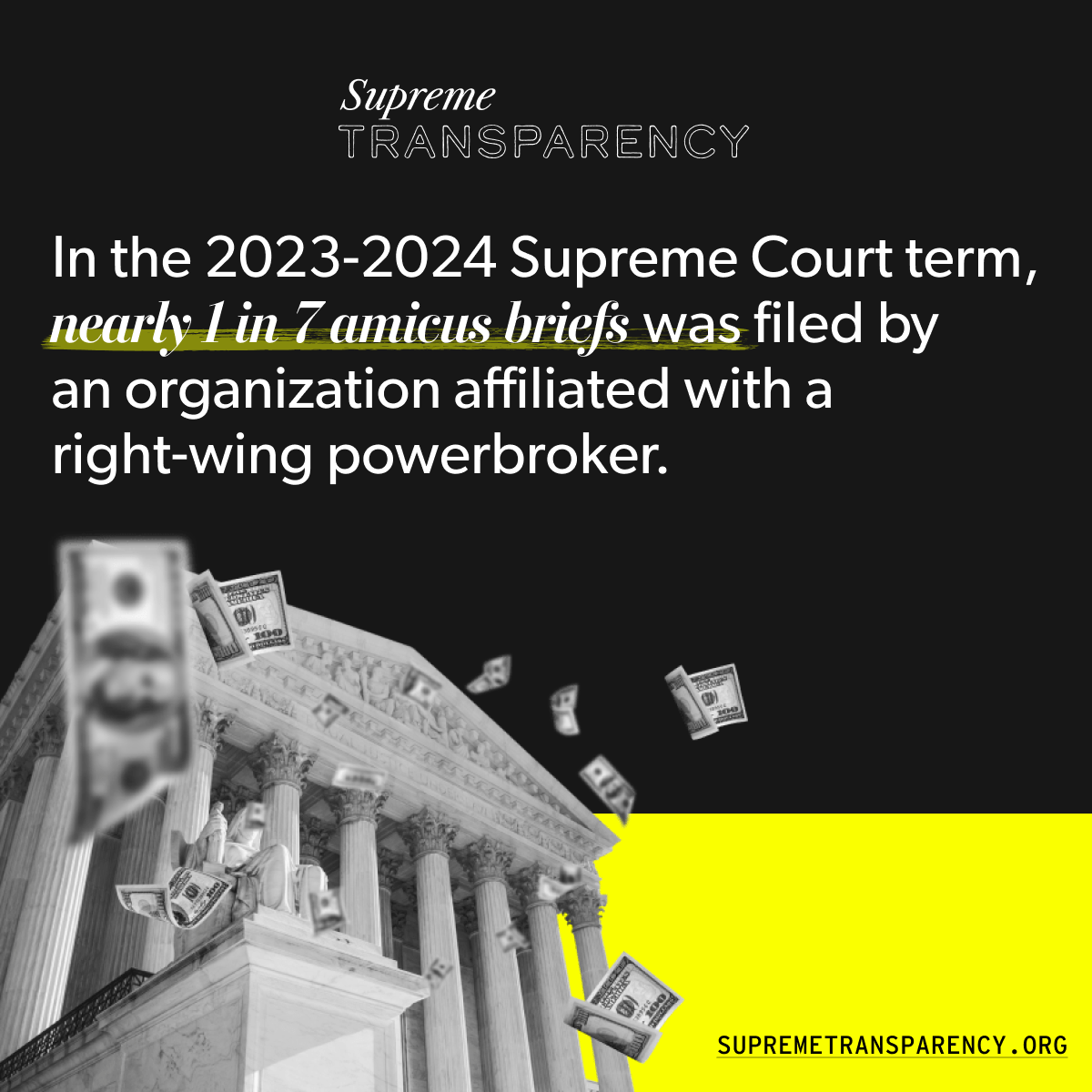 NEW: We're shining a spotlight on a major way that right-wing billionaires influence SCOTUS: amicus briefs. Our new website supremetransparency.org will connect the dots between justices, their powerful pals, and the groups who file amicus briefs before the court. 🧵