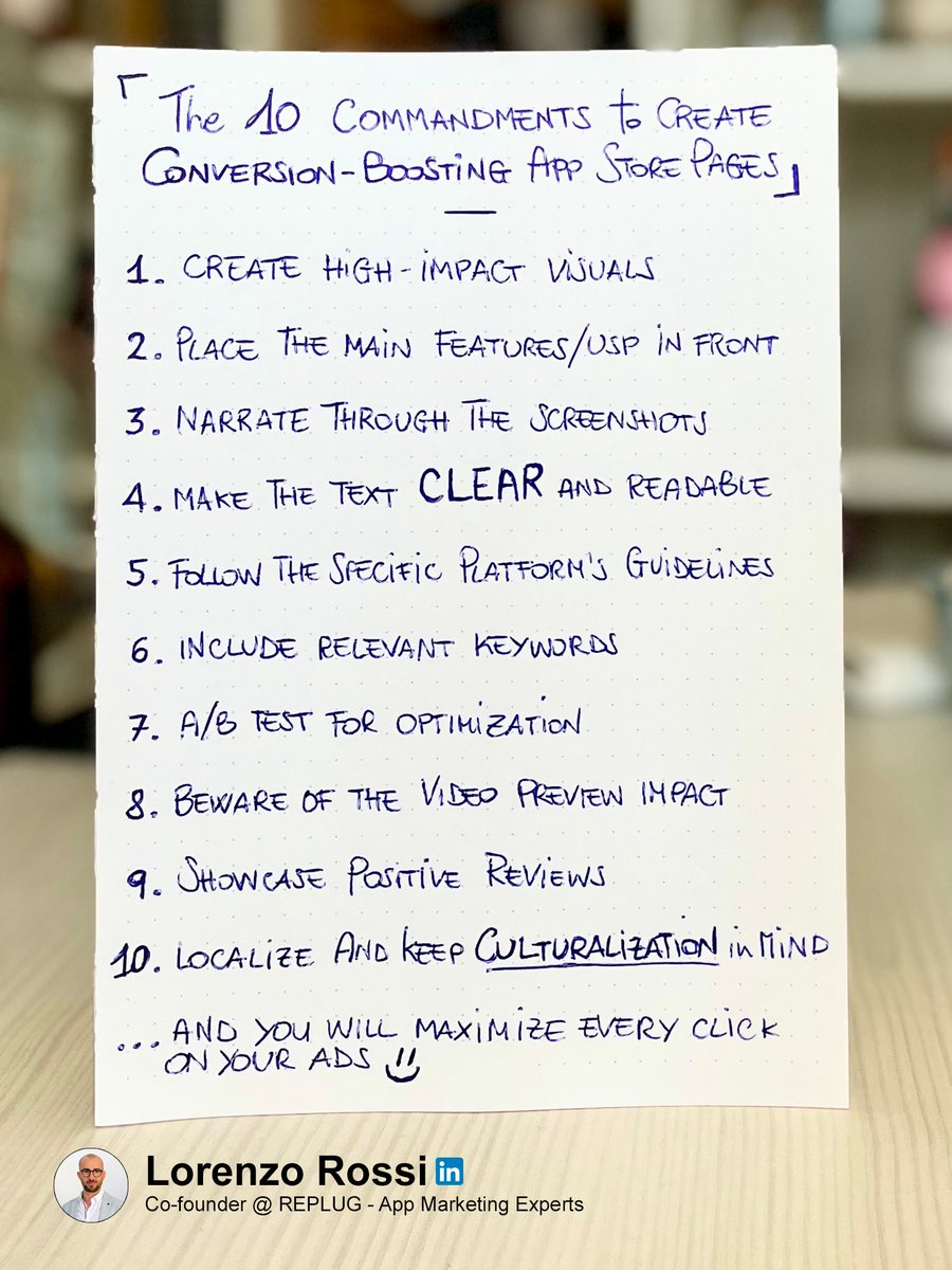 Here are my '10 Commandments' for app store pages that turn curious clicks into committed users. 🔥 Full post on LinkedIn: linkedin.com/posts/lorenzor… 
#mobilemarketing #appmarketing #appstore #googleplaystore #aso #appstoreoptimization #UserAcquisition #ConversionRateOptimization