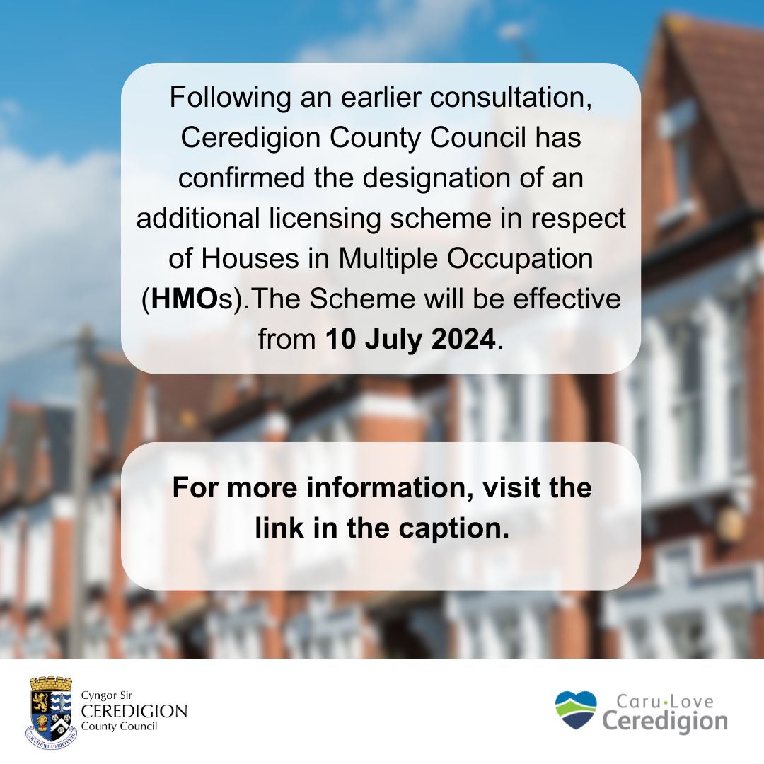 Public notice: designation of an additional licensing scheme in respect of Houses in Multiple Occupation (HMOs)🏠 For more information, visit this link: ceredigion.gov.uk/resident/housi…