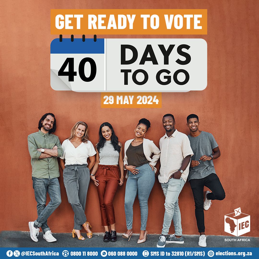 40 days until election day on 29 May 2024! It's your democracy; exercise your right to vote and make your voices heard.

#SAelections24 #GetReadyToVote #30YearsOfDemocracy #WeAreVoting