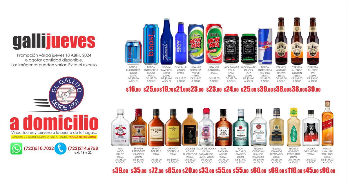 vinoselgallito's tweet photo. GALLIJUEVES…

#boost #zaverich #skyyblue #newmix #jackdaniels #redbull #cervezaallende #anismico #brandypresidente #torres5 #torres10 #elvaledor #vodkakazan #bacardi #orendain #sauza #hornitos #osonegro #johnniewalker #anis #brandy #ron #tequila #vodka #whisky #gallijueves https://t.co/vrq8aIpmon