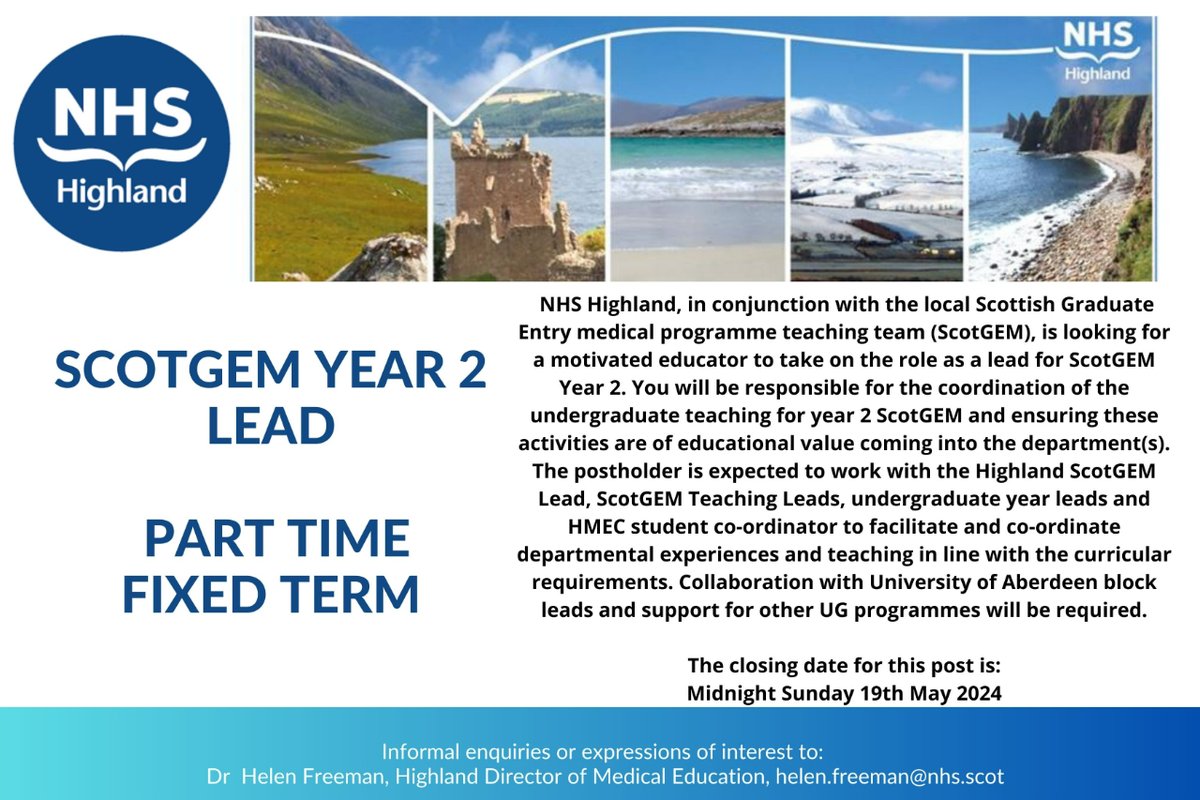 We are recruiting for a ScotGEM Year 2 Lead.  This post is part time and fixed term. For more information and to apply: apply.jobs.scot.nhs.uk/Job/JobDetail?… #nhshighland  #nhscareers
