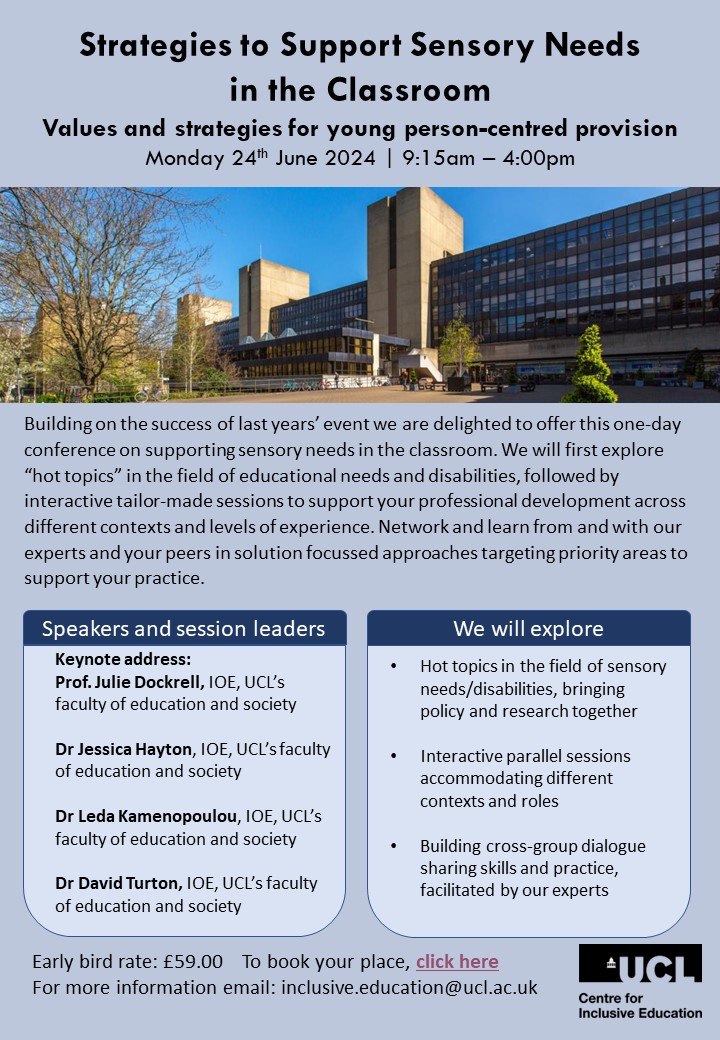 UCL_IOE_CIE's tweet photo. Calling all #teachers, TAs and classroom practitioners! The Strategies to Support Sensory Needs in the Classroom conference takes place on Monday 24th June at @IOE_London. Find out more and book a place: https://t.co/0BBMPmcnzm

#SEND #Inclusion #IOESENSCONF #MSI https://t.co/xGrYQSuVb3