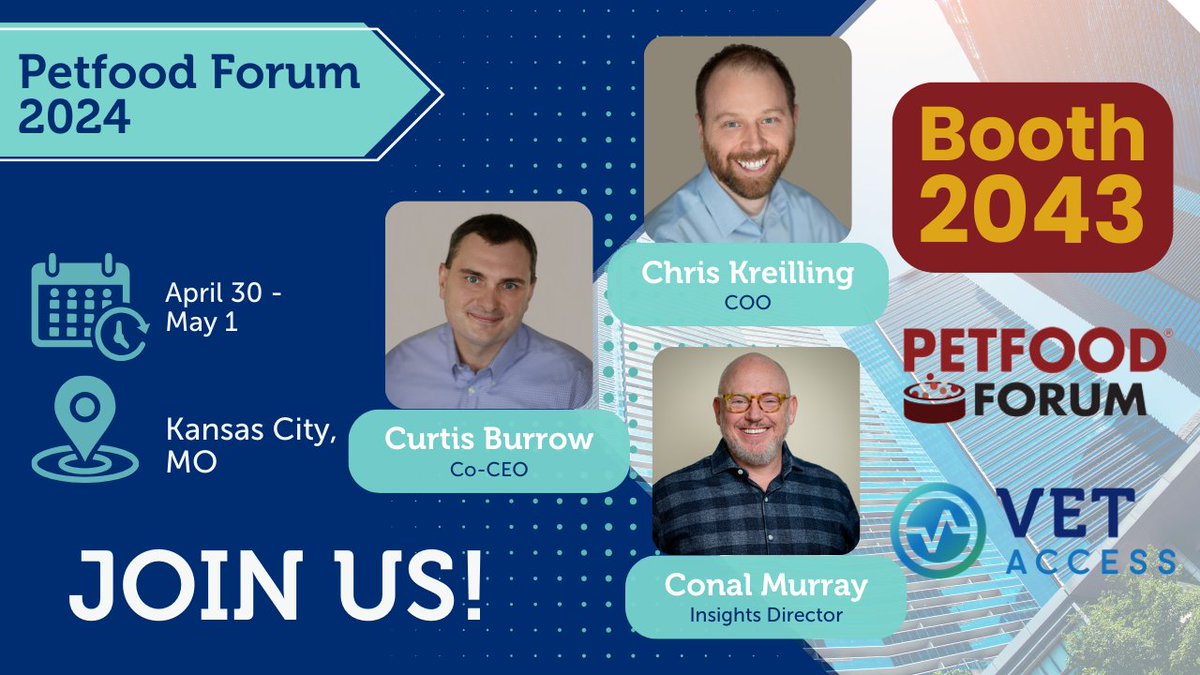 Dive into the pet food industry at Booth 2043 with Conal, Chris, & Curtis! Book a 15-min meeting for exclusive networking and learning opportunities: hubs.la/Q02t04Gv0

Don't miss the top event for pet pros!

#vetaccess #insights #innovation