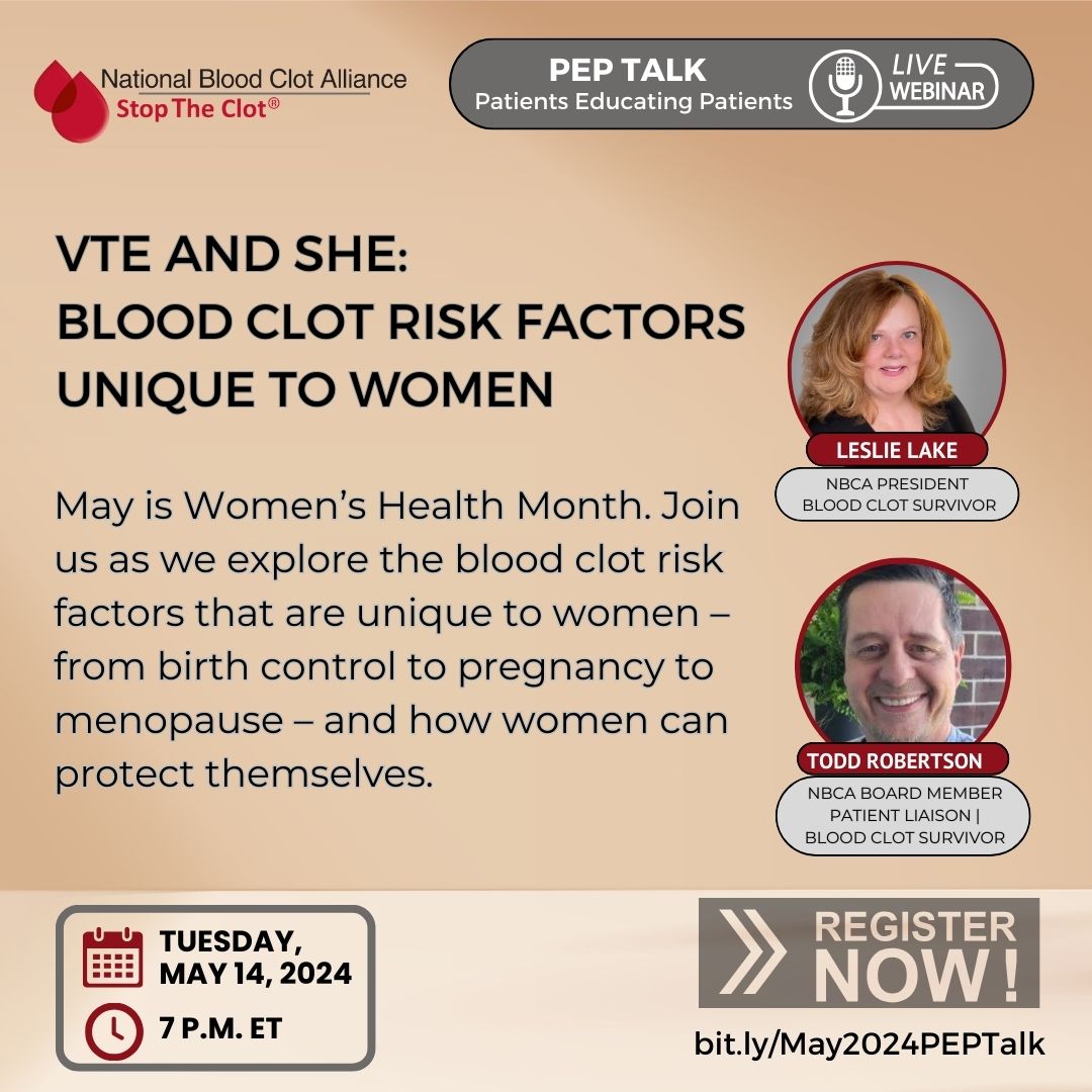 In recognition of Women's Health Month, join us for our May PEP Talk on 5/14 as we explore the #bloodclot risk factors that are unique to women. Register: bit.ly/May2024PEPTalk

#stoptheclot #peptalk #womenandbloodclots #bloodclotprevention #womenshealthmonth