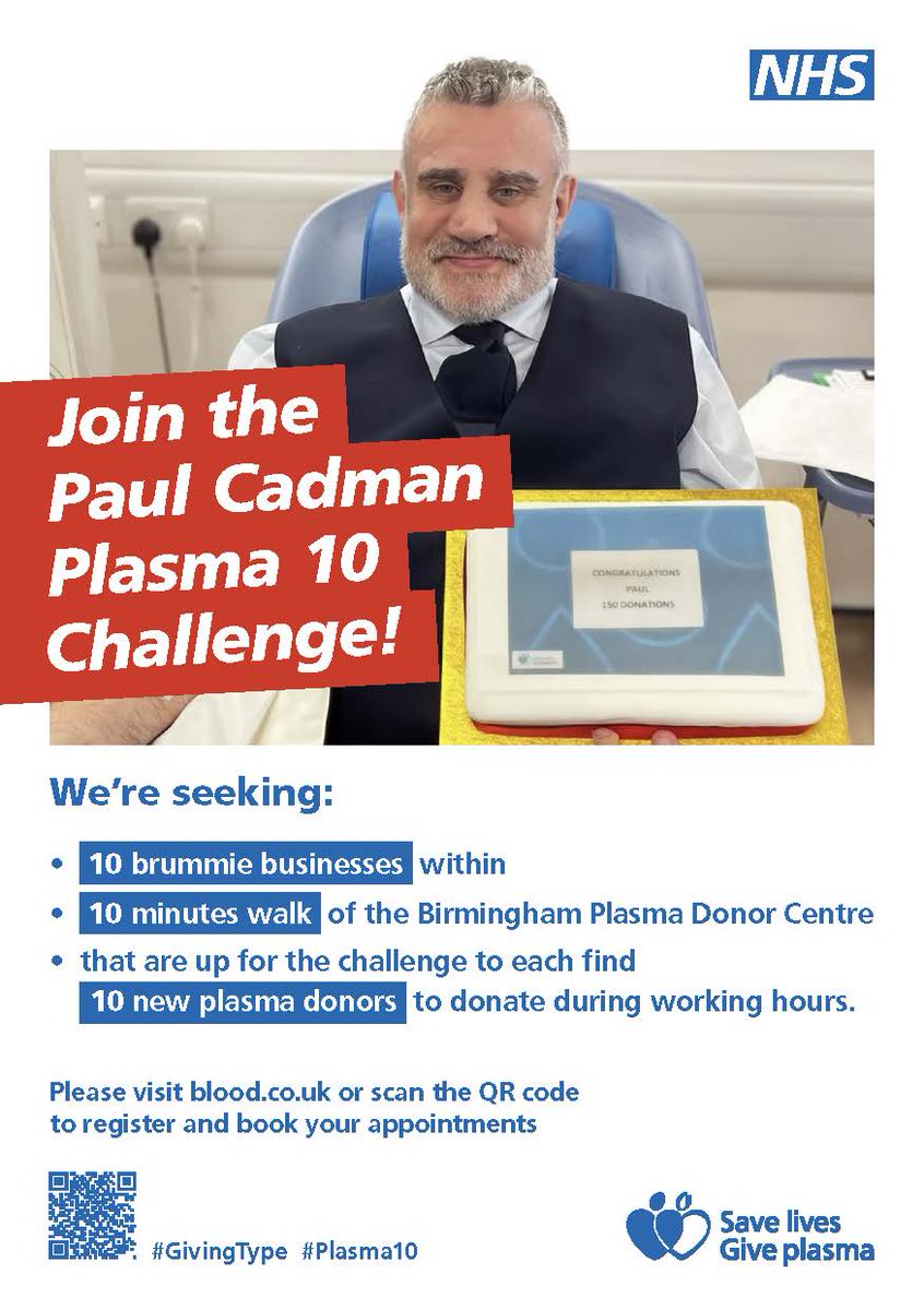 Join Prof. Paul Cadman for the #Plasma10Challenge in Birmingham next week! We are looking for 10 plasma donors per organisation near Birmingham New Street. Scan the QR code to register in 60 seconds. Let's make a difference together! 💪 #GivingType #Plasma10