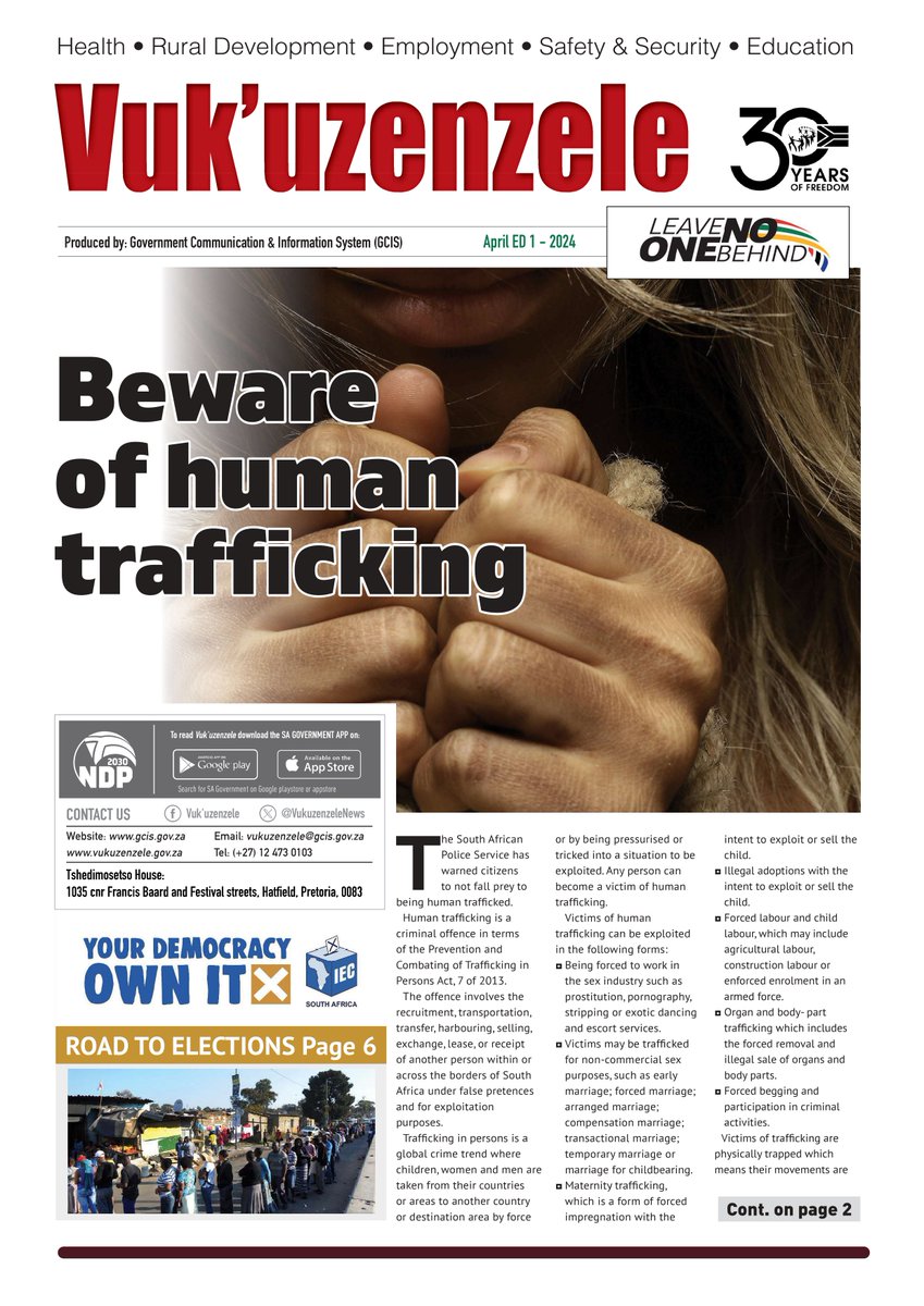 Vuk'uzenzele April edition 1 is out!

In this edition we delve into human trafficking, what Freedom Month means, and we speak to small-business owners making waves in their communities.

tinyurl.com/3b7zhfu6 

#FreedomMonth
#30yearsoffreedom
#freedom30
#SAelections2024