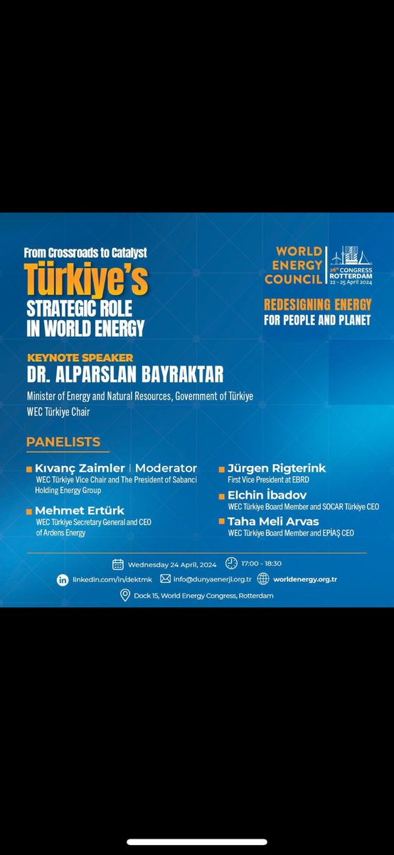 Looking forward to contributing to next Wednesday’s panel discussion about Türkiye’s strategic role in world energy during the 26th @WECongress of the @WECouncil in Rotterdam! Keynote by Minister @aBayraktar1 and moderated by our good friend @kivanczaimler!