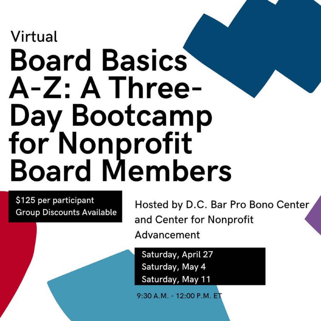On April 27, join @centernonprof and @DCBarProBono for our three-part bootcamp. The course is designed for experienced, new, and aspiring board members. Discounts available for groups of 2 or more! Register: bit.ly/3QhM2rI #Centernonprof #BoardBasics #DCNonprofit