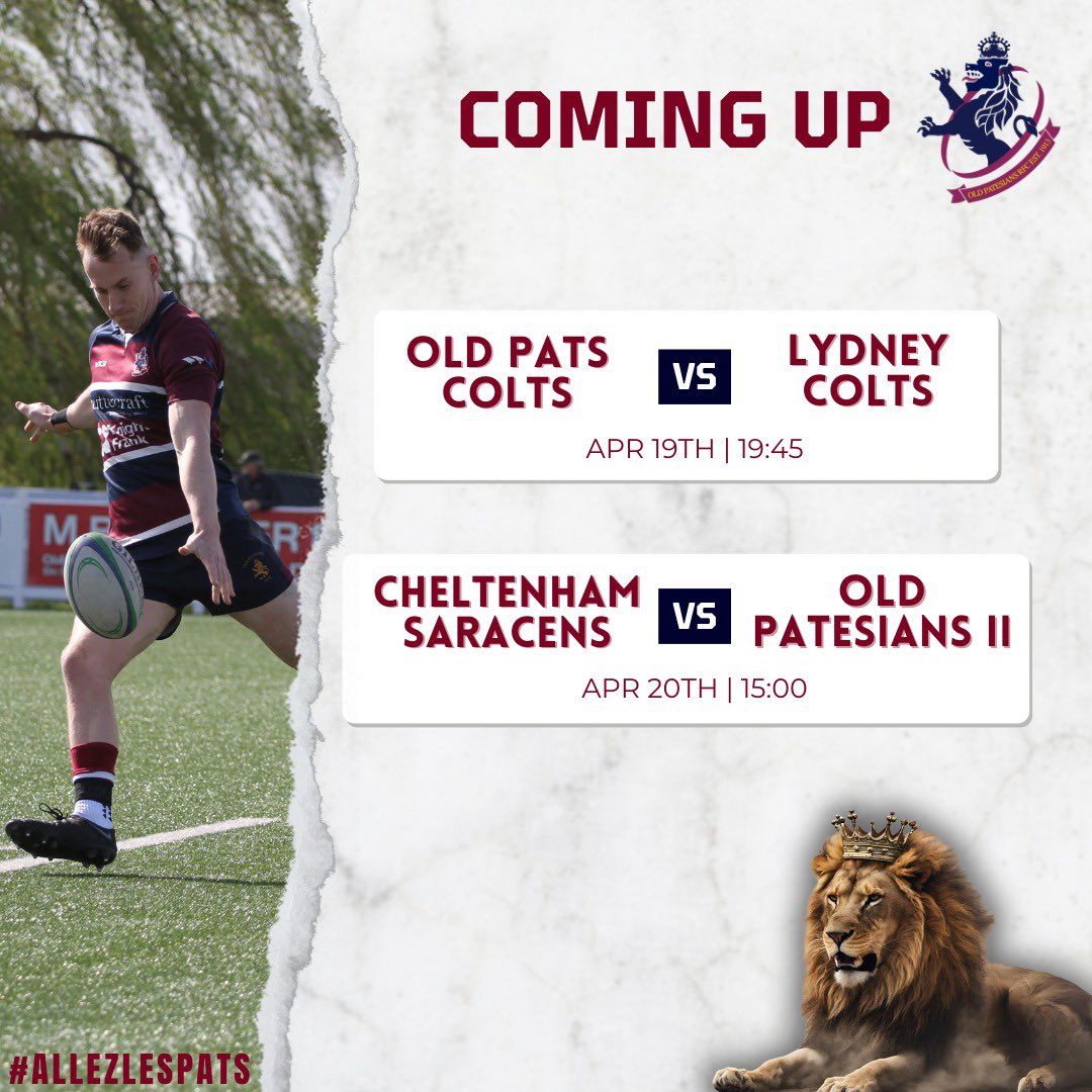 Old Patesians RFC (@oldpatesiansrfc) on Twitter photo What a weekend of Rugby we have coming up ๐ฅ
Starting on Friday night with our Colts playing <a href="/lydney_rfc/">Lydney RFC</a> in the Gloucestershire North vs Gloucestershire South league final ๐ถ๏ธ
Our 2XV travel to <a href="/cheltsarriesrfc/">Cheltenham Saracens RFC</a> in the first round of the Combination Cup ๐
#allezlespats What a weekend of Rugby we have coming up ๐ฅ
Starting on Friday night with our Colts playing <a href="/lydney_rfc/">Lydney RFC</a> in the Gloucestershire North vs Gloucestershire South league final ๐ถ๏ธ
Our 2XV travel to <a href="/cheltsarriesrfc/">Cheltenham Saracens RFC</a> in the first round of the Combination Cup ๐
#allezlespats