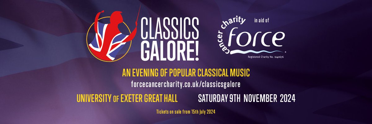 ClassicsGalore's tweet photo. We are delighted to bring Classics Galore back to the @UniofExeter Great Hall on Saturday 9 November in aid of @forcecancer. We will once again be joined by stunning soprano @CherylEnever and are thrilled to announce @TVVictoriaG as compere. What a treat! Tickets on sale 15 July. https://t.co/Q4ZbYwZNmK