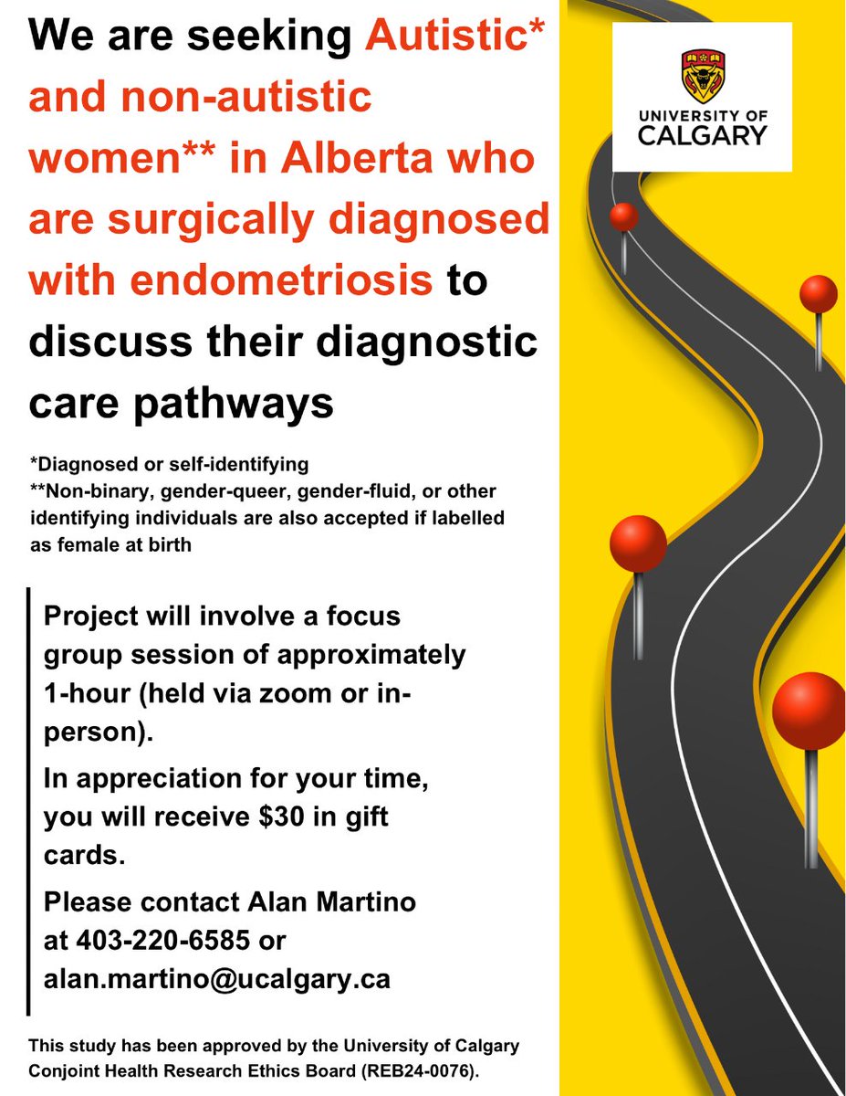 Calling all Autistic and non-autistic women in Alberta with surgically diagnosed endometriosis! Share your diagnostic journey with us in a 1-hour focus group session. Your insights and experiences matter, and we look forward to hearing them! #EndometriosisResearch #Autism #YYC