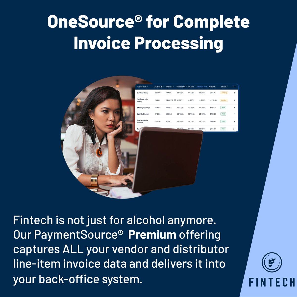 FintechBevAlc's tweet image. Fintech is Not Just for Alcohol Anymore! 🍎🍻⚙️With PaymentSource® Premium, you can capture line-item data from ALL your invoices and deliver it to your back-office system using one integration. Let us automate your invoice data entry, eliminating the need to manage multiple…