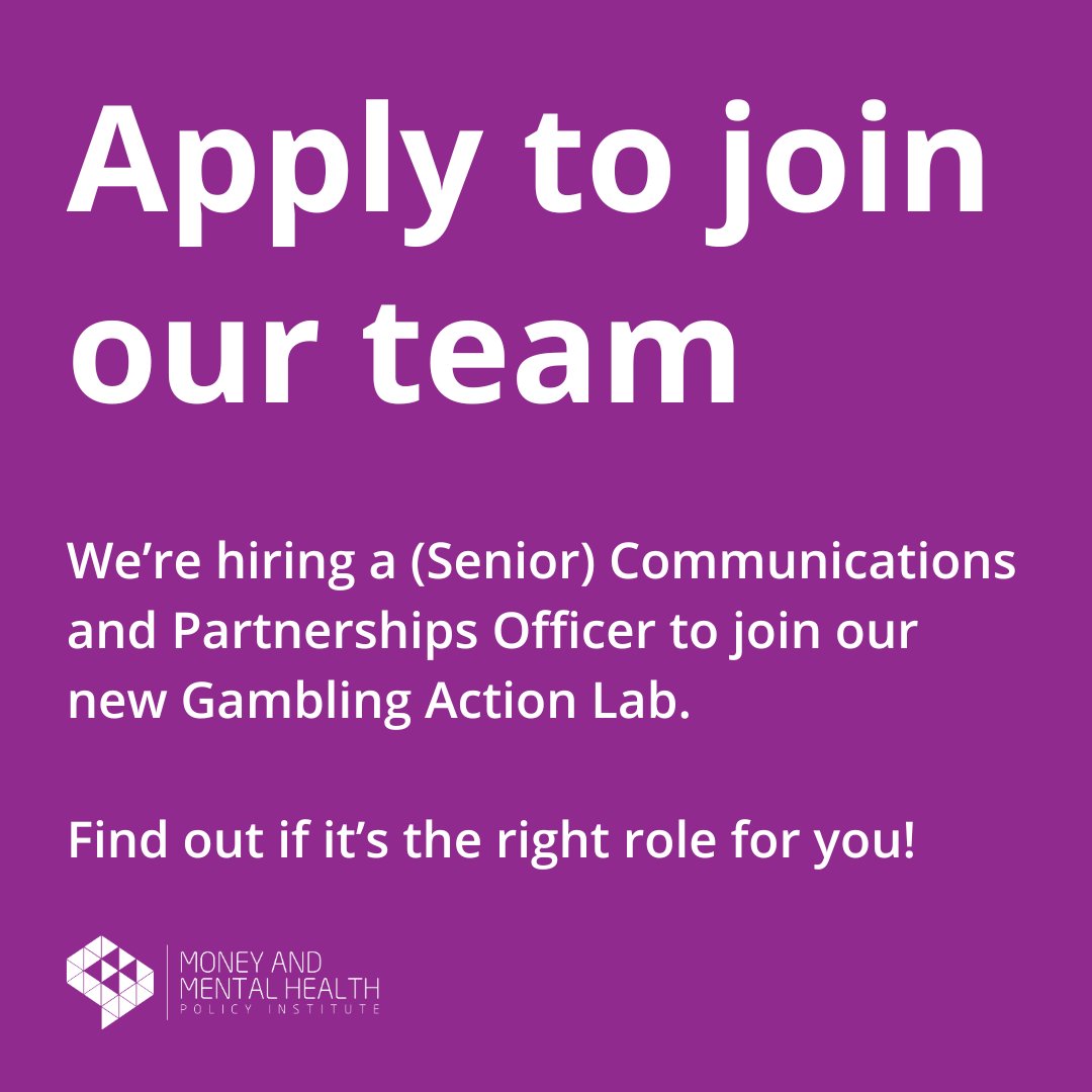 We are hiring a (Senior) Communications and Partnerships Officer to join our Gambling Action Lab! This exciting role will help to build a new project - working with firms on ways to reduce gambling-related financial harms - from scratch. Find out more: bit.ly/3W4rqbJ