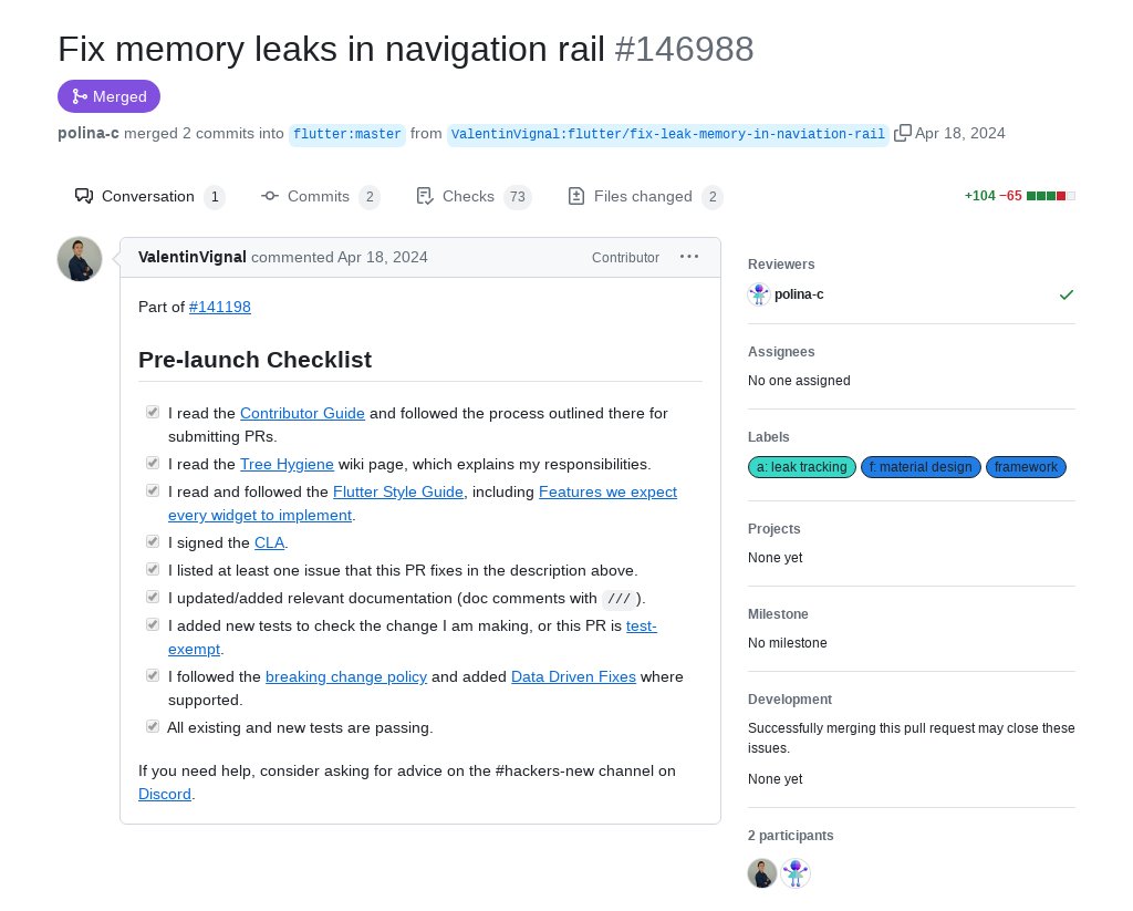 'Fix memory leaks in navigation rail' by @VignalValentin1 was merged into #Flutter master github.com/flutter/flutte…