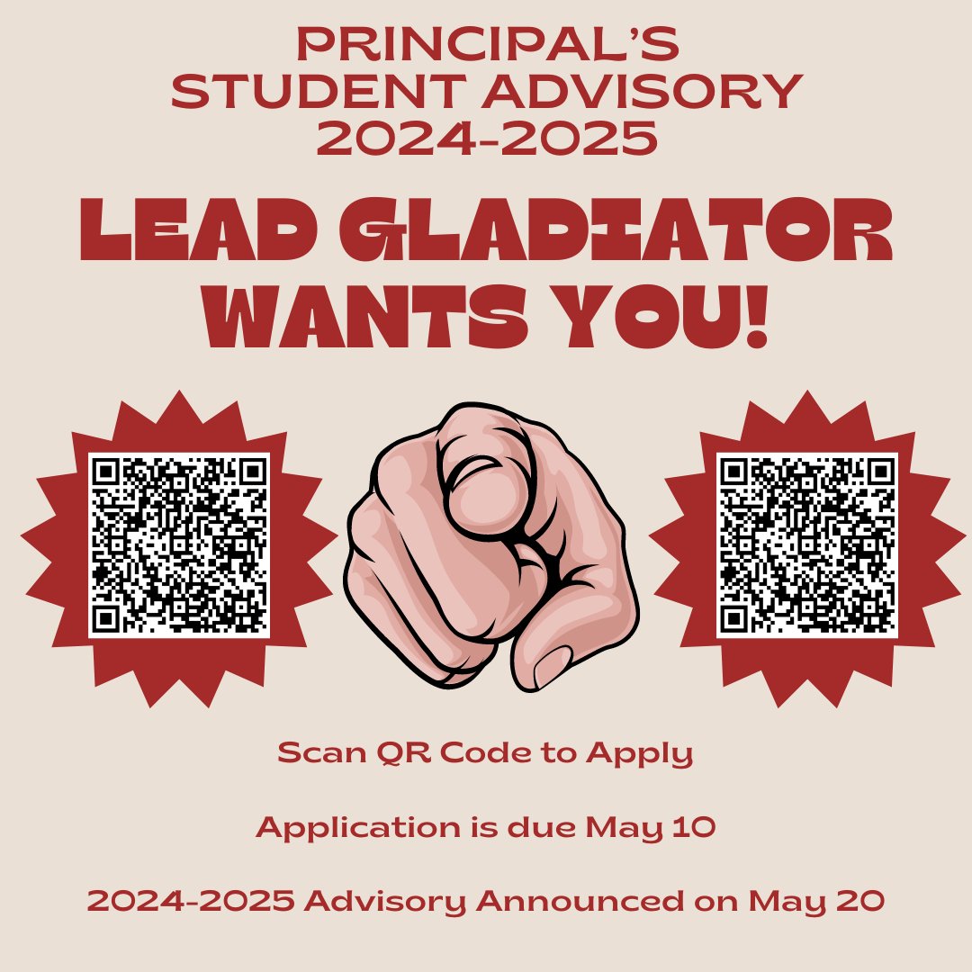 Hey #JCHSGladiators! It's that time. If you are interested in serving on my Student Advisory, scan the QR code and apply. The application closes on May 10. The 2024-2025 Student Advisory will be announced on May 20. Let's go! #WeAre #StudentVoice @FultonCoSchools