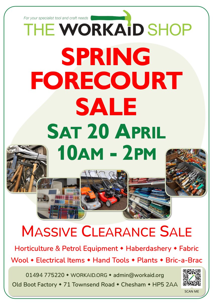 Workaid Forecourt Sale!
Sat 20 April
10am – 2pm
Old Boot Factory, Chesham, HP5 2AA
 
We are almost ready for our Forecourt Sale on Saturday! With a huge selection of spring bargains on sale: tools, gardening equipment, haberdashery, craft and bric-a-brac!

#forecourtsale #chesham