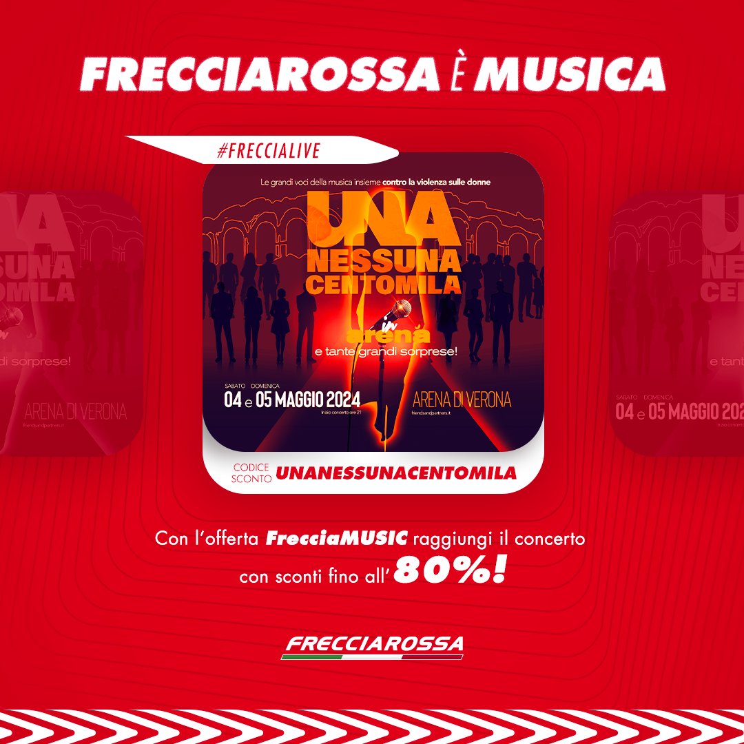 Frecciarossa_IT's tweet photo. Le grandi voci della musica insieme contro la violenza sulle donne. Raggiungi il concerto con l’offerta #FrecciaMUSIC: usa il codice UNANESSUNACENTOMILA per viaggiare con sconti fino all’80%!  🚄👉 https://t.co/qrPZPWTo51 #FrecciaLive @officialFandP https://t.co/WkrqpgBAiK
