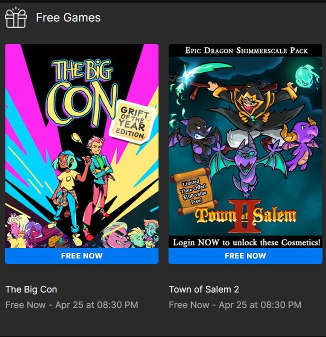 The Big Con & Town of Salem 2 - Free games until April 25, 2024 at 8:30 PM on Epic Games Store. 😍🎁

#TheBigCon #TownOfSalem2 #FreeGames #GamingInfoAndNews #Gaming #EpicGames #Lazyajju