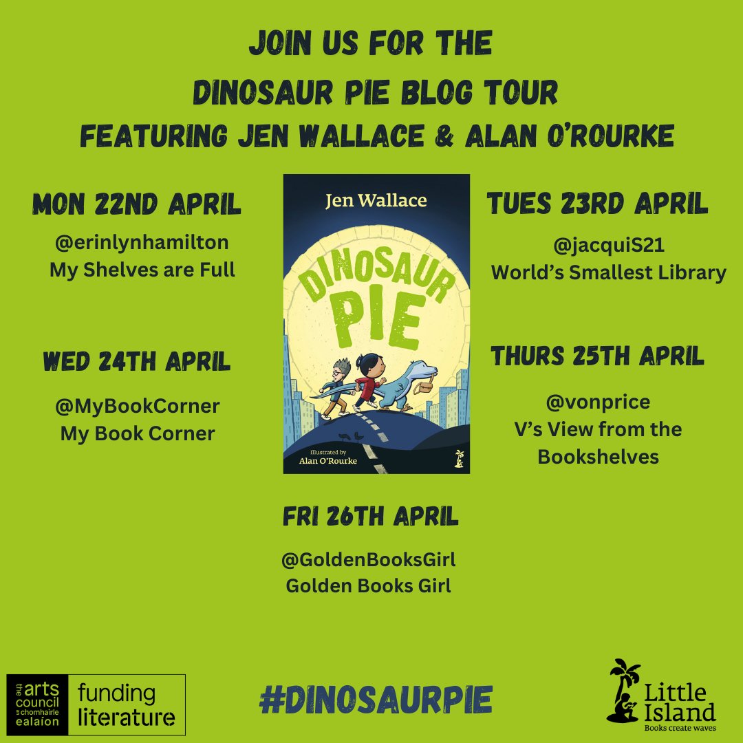 @Jenscreativity and @alanorourke are embarking on a blog tour next week! You can follow along at #DinosaurPie. A BIG thank you to @erinlynhamilton, @jacquiS21, @MyBookCorner, @vonprice and @GoldenBooksGirl for hosting! DINOSAUR PIE is out now!: littleisland.ie/products/dinos…