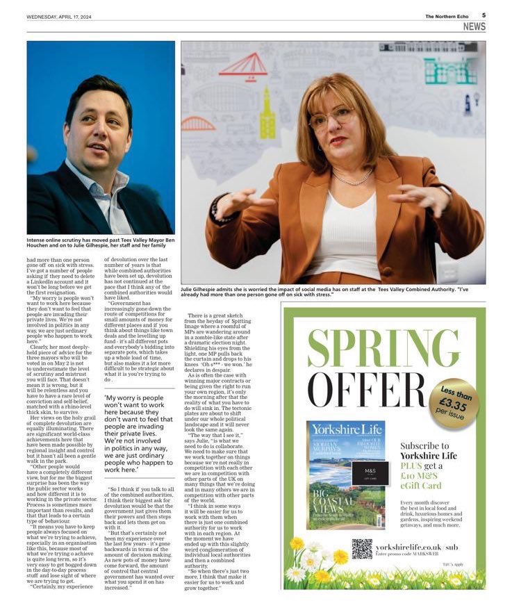 What an incredible article! I’ve never known a senior local government officer enter the fray during an election campaign. Polling day is a fortnight away, yet the Tees Valley CEO gets a puff piece to paper over her record & by association that of her boss Lord Houchen. 🧵1/3