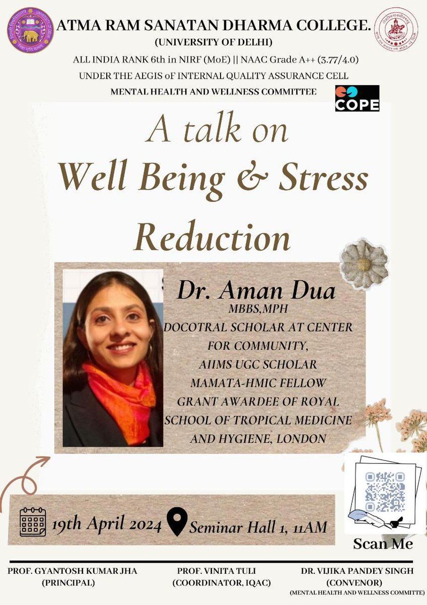 Mental Health and Wellness committee @arsdcollegedu is organising a talk on Well Being and Stress Reduction tomorrow at 11 am